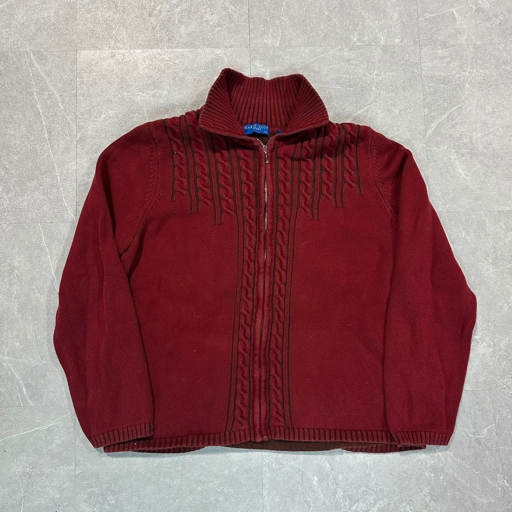 Karen Scott Sport Burgundy Red Cable Knit Full Zip Cotton Sweater Petite XL